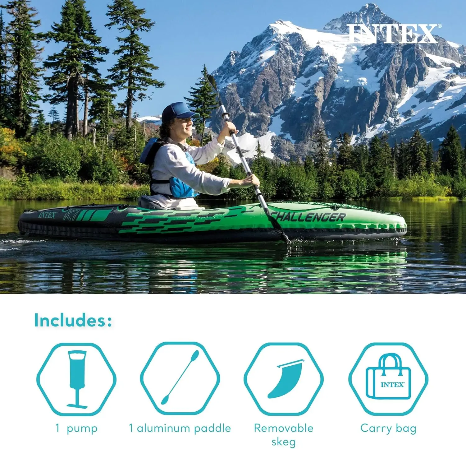 Intex Challenger K1 1 Person Durable Vinyl Streamline Sporty Kayak with Inflatable Seat and Backrest, Oar, Pump, Carrying Bag