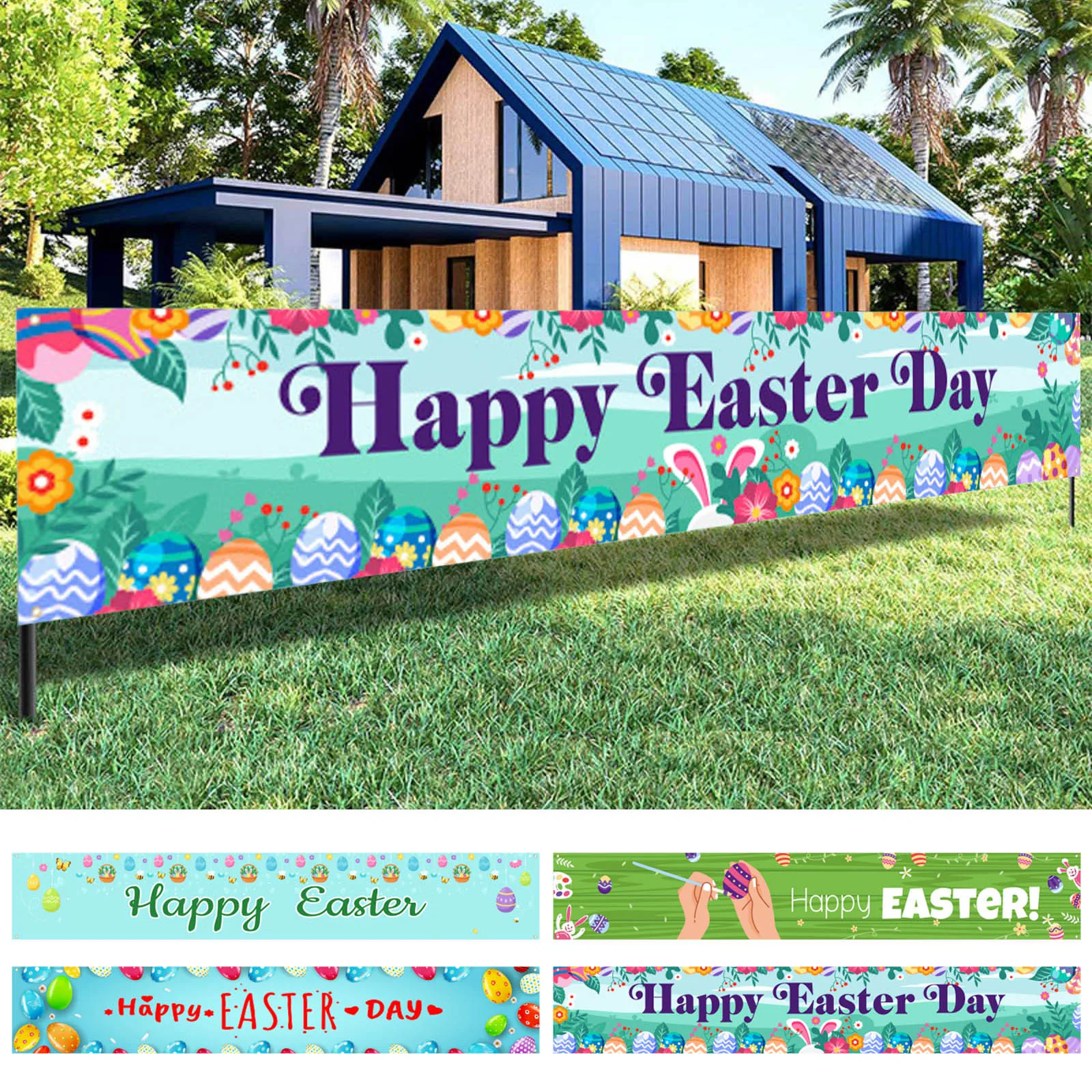 Easter Banner Hanging Flags Spring Outdoor Patio Decorations Bunny Eggs Flowers Colorful Patterns Festive Flag 3x5 Outdoor