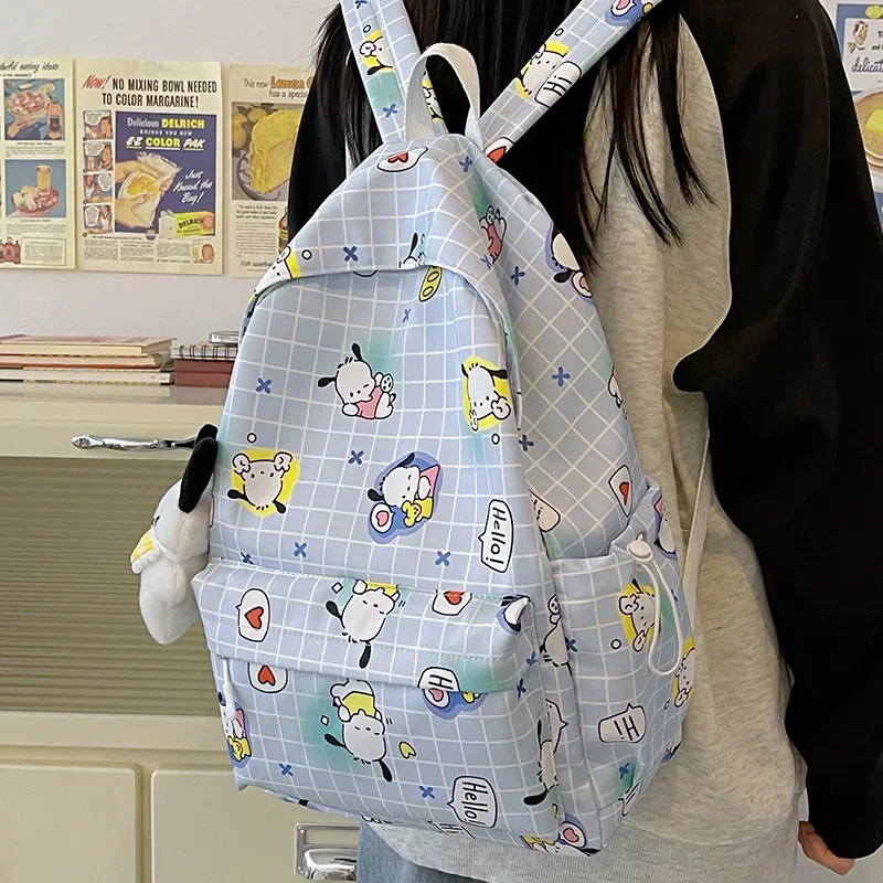 Sanrio tas punggung kapasitas besar, tas ransel kapasitas besar, bantalan bahu gaya kuliah, rekreasi, lucu dan ringan, tas sekolah murid Pacha baru