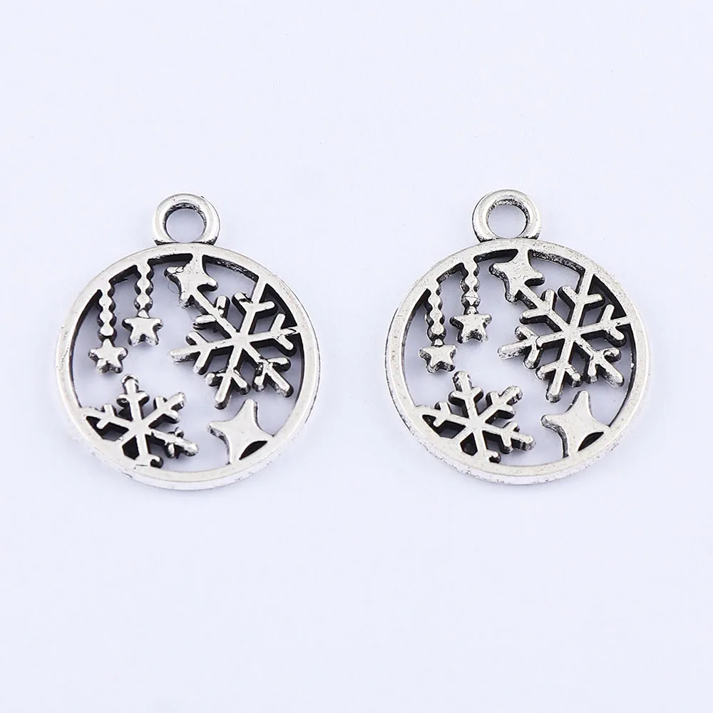 

50 x Tibetan Silver Color Hollow Snowflake Star Round Earring Charms Pendants Double Sided For Jewelry Making Accessories