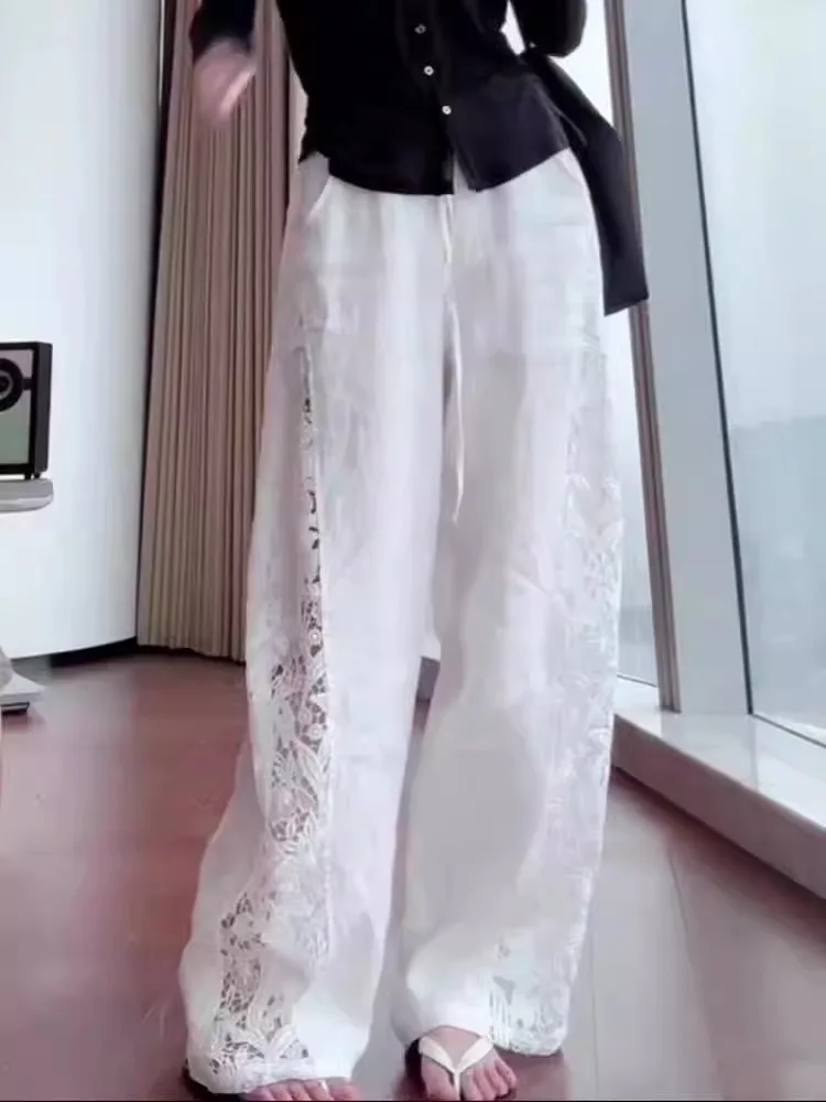 

White Heavy Embellied Lace Patchwork Wide Leg Casual Pants Women Summer Thin Loose Slimming Straight Cut Trousers