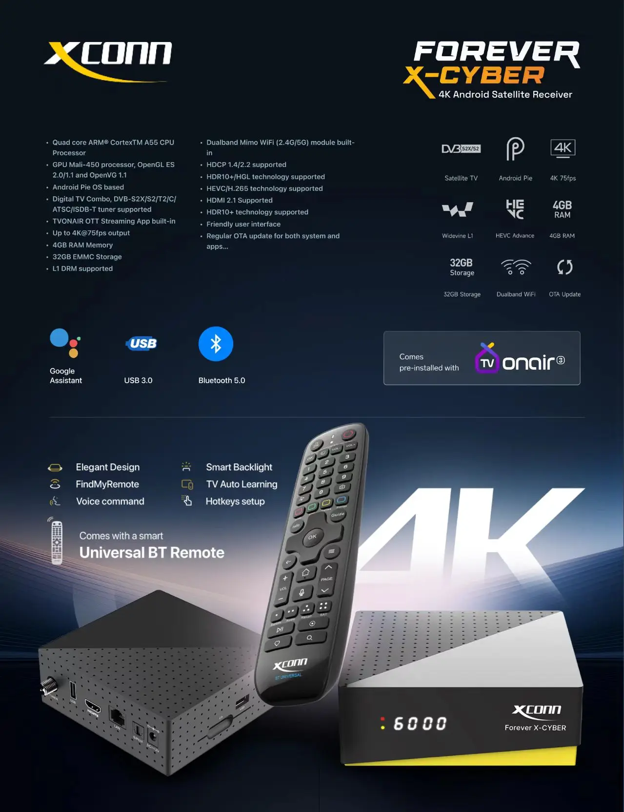 4K*Satellite Service Forever* Support FOREVER Function X-CYBER 4GB 32GB IPTV Box with TVONAIR3 XCONN