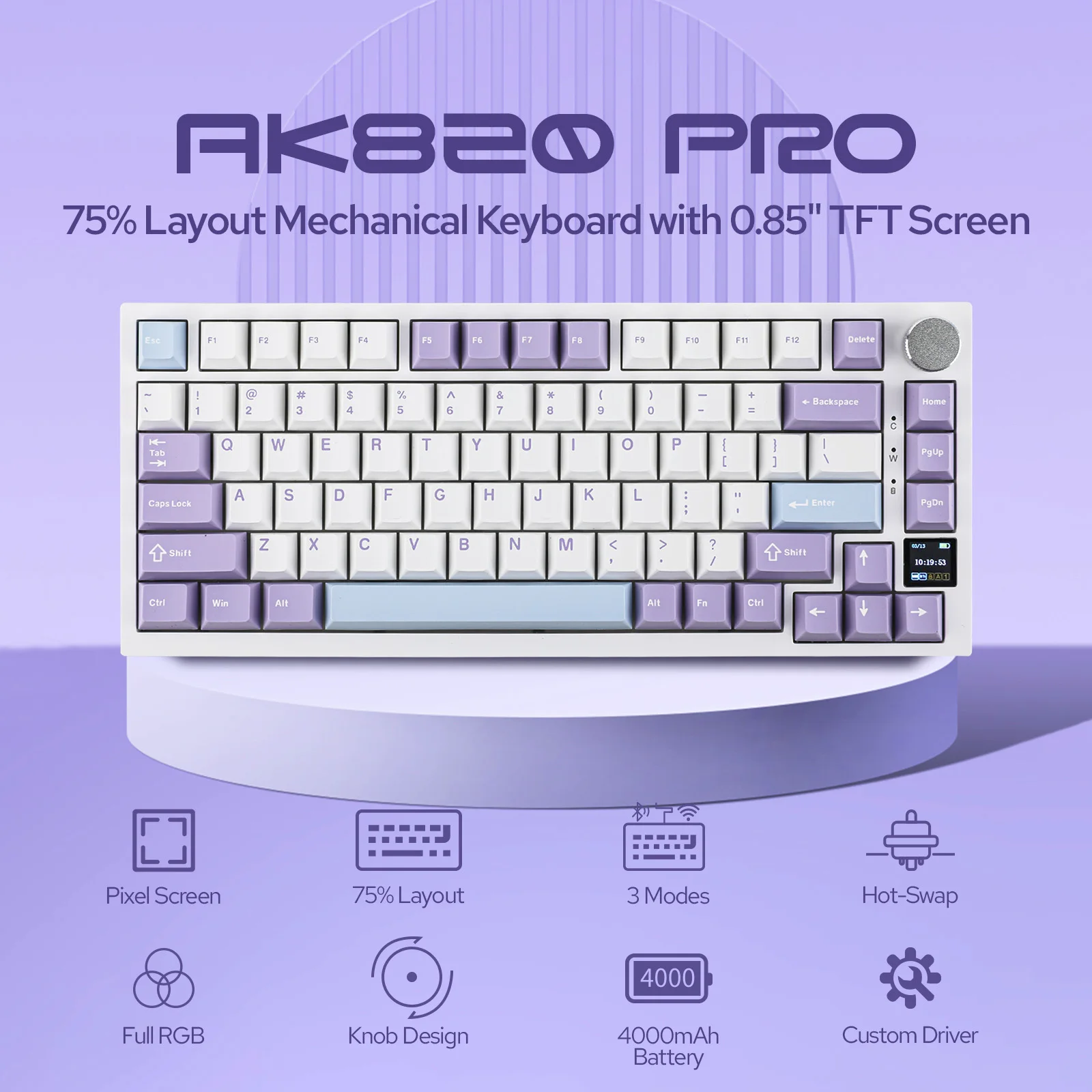 

Механическая клавиатура Ajazz AK820 Pro 75% с раскладкой ANSI US, горячей заменой переключателей, креплением Gasket, проводным/Bluetooth/2.4ГГц беспроводным подключением и TFT-экраном