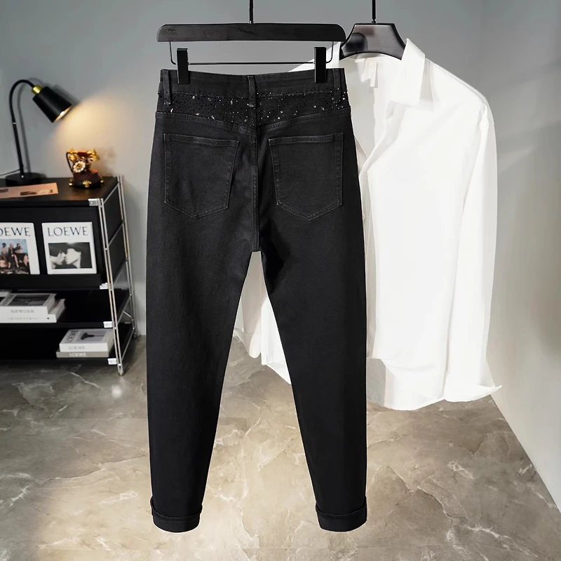 New Slimming Jeans Men's Babysbreath Hot Diamond Black Denim Trousers Trendy Versatile Elastic Small Feet Starry Sky Denim Pants
