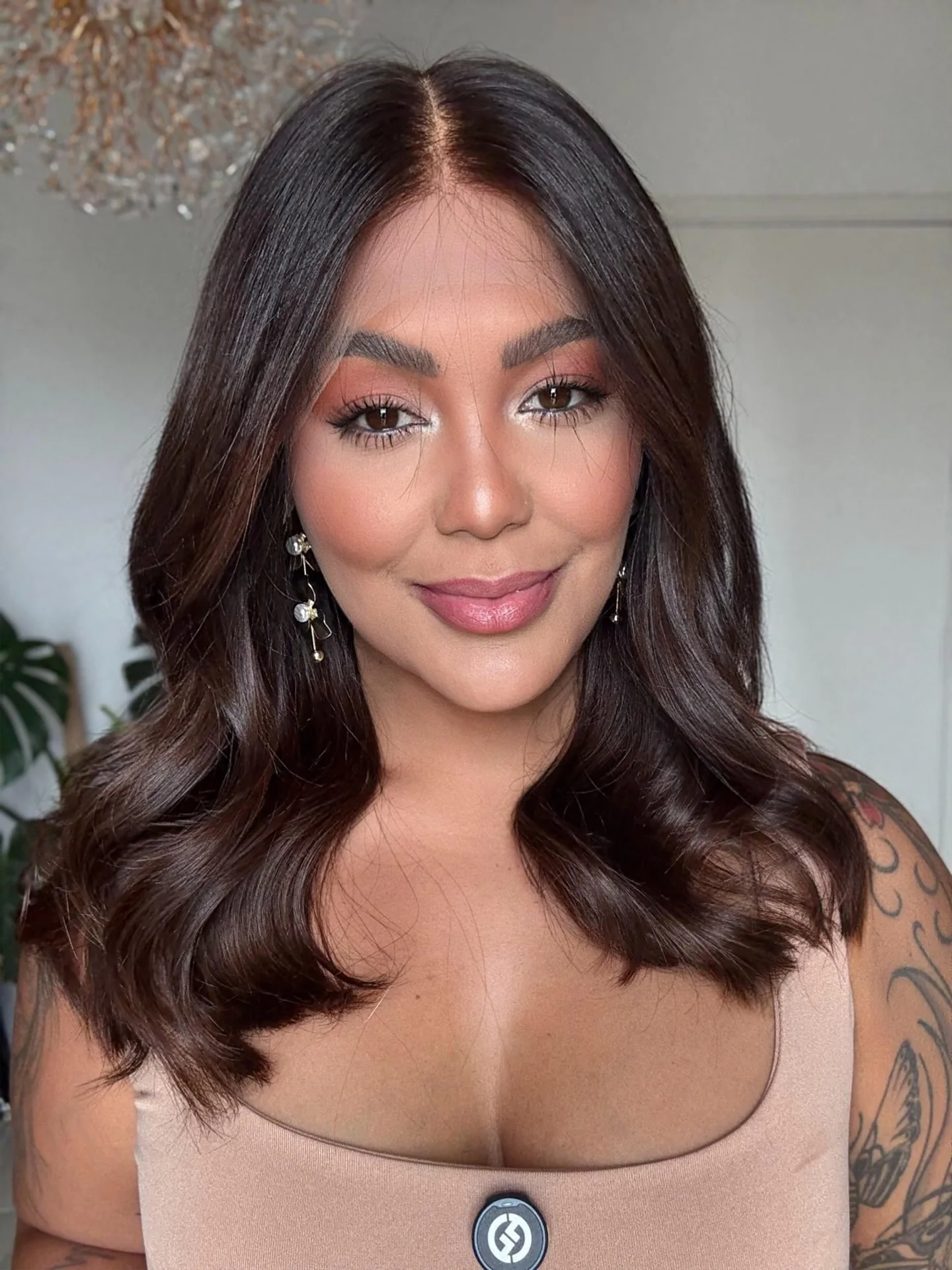 Ombre Chocolate Brown Human Hair Blend Synthetic Fiber Body Wave Middle Parting Wigs Female Beginner Friendly Daily Party Used