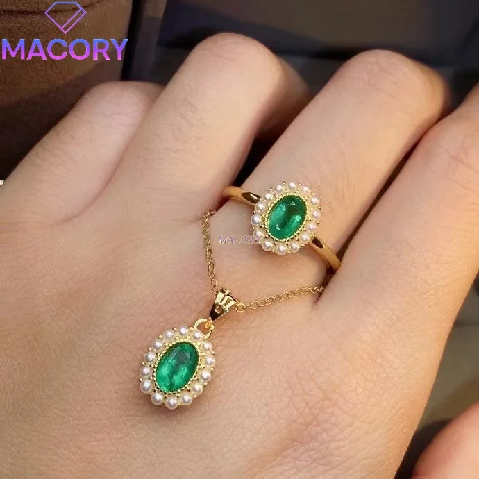 

Комплект украшений из чистого натурального изумруда для женщин, комплект из двух предметов из стерлингового серебра 925 пробы, кольцо и ожерелье, новые высококачественные украшения.