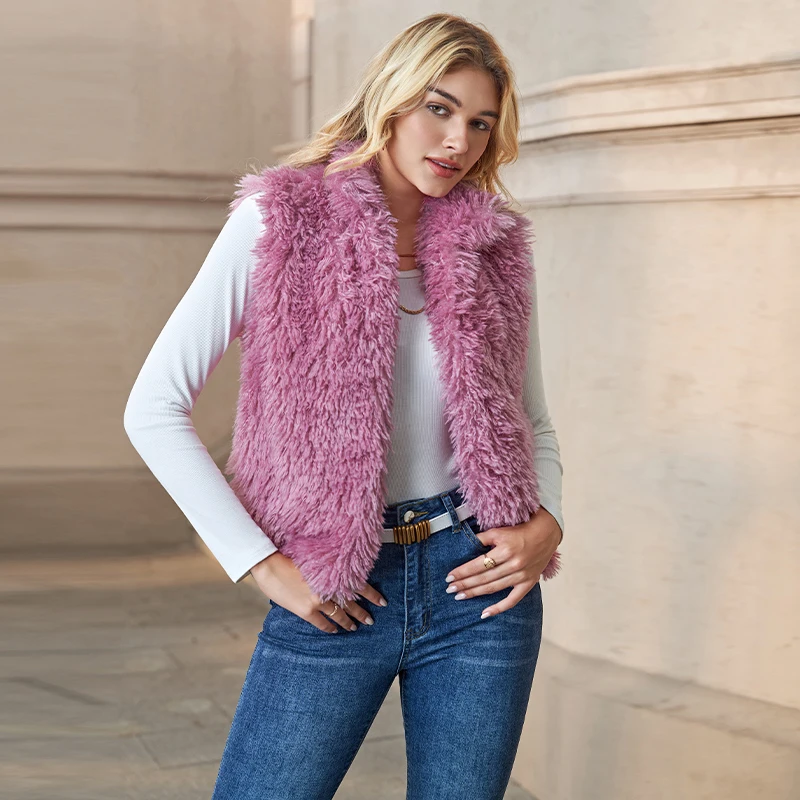 Damska pluszowa kamizelka/płaszcz na jesień i zimę, nowa, jednolita, bez rękawów, z kołnierzykiem, otwartym szwem, modna, odmładzająca, futrzana.