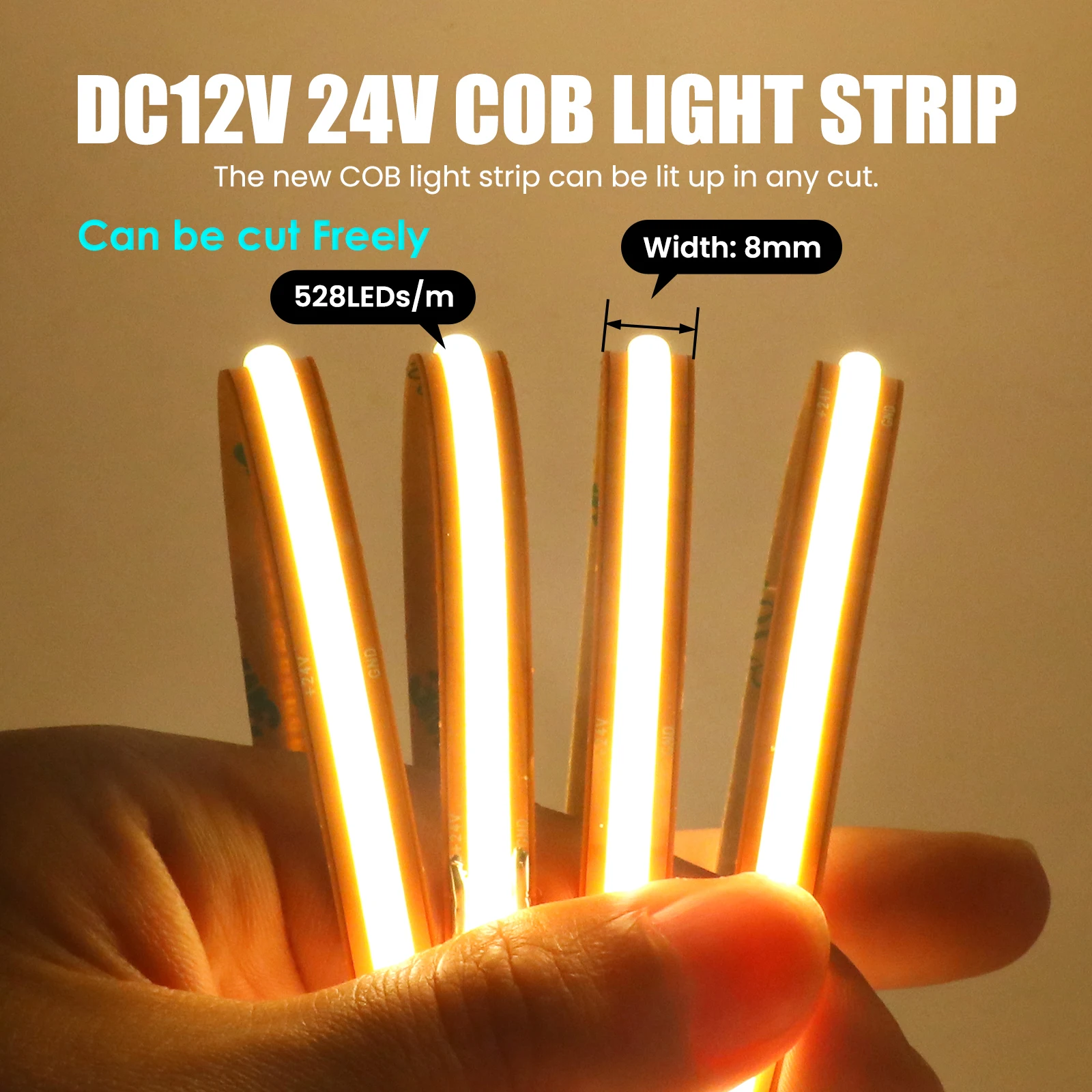 

DC 12V 24V COB LED Strip 528LEDs/m High Density Flexible COB Tape Light Bar 8MM PCB Linear Lighting 3000K 4000K 6000K Cut Freely