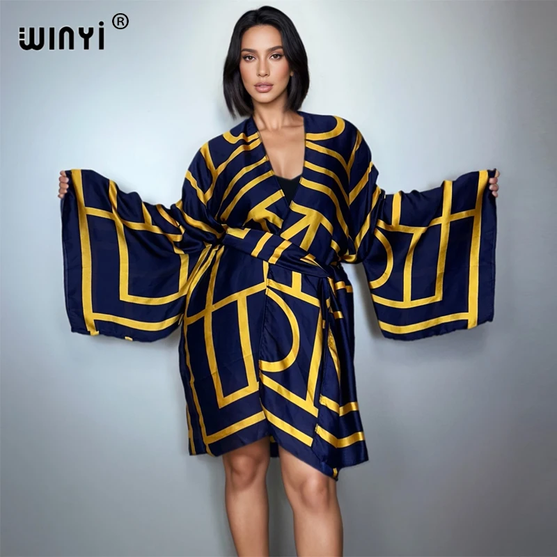 WINYI print kimono beach outfits women Swim Suit Cover up boho Cardigan stitch Self Belt Holiday long Sleeve coat holiday kaftan