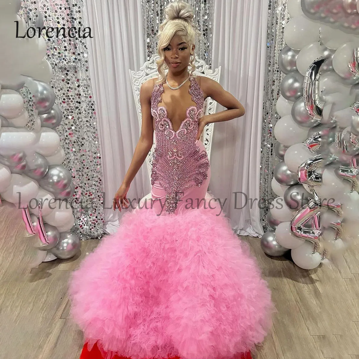 Glitter Pink Long Formal Mermaid Prom Dresses 2024 For Black Girl Beaded Rhinestones Ruffles Evening Gown vestidos de gala