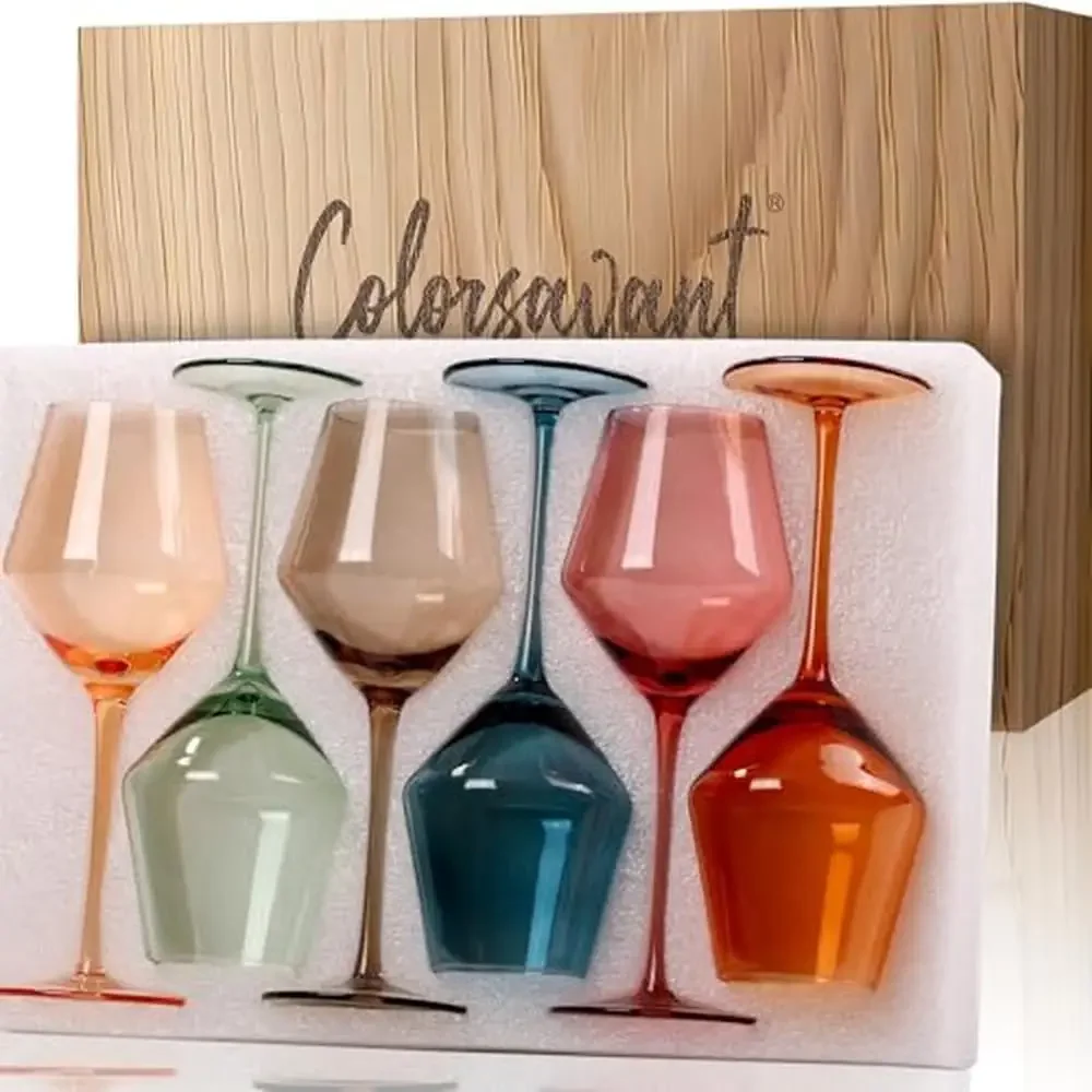 Colored Wine Glasses Set 6-16oz Multicolor Wine Glasses with Stem【HandBlown】 Colorful Wine Glasses Set,Unique Holiday Wine