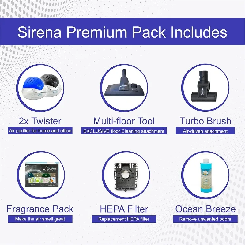 Sirena Bagless Vacuum Cleaner Premium Pack - Water Filtration Vacuum - Bonus 2 Twister Air Purifier, HEPA Filter and Turbo Brush