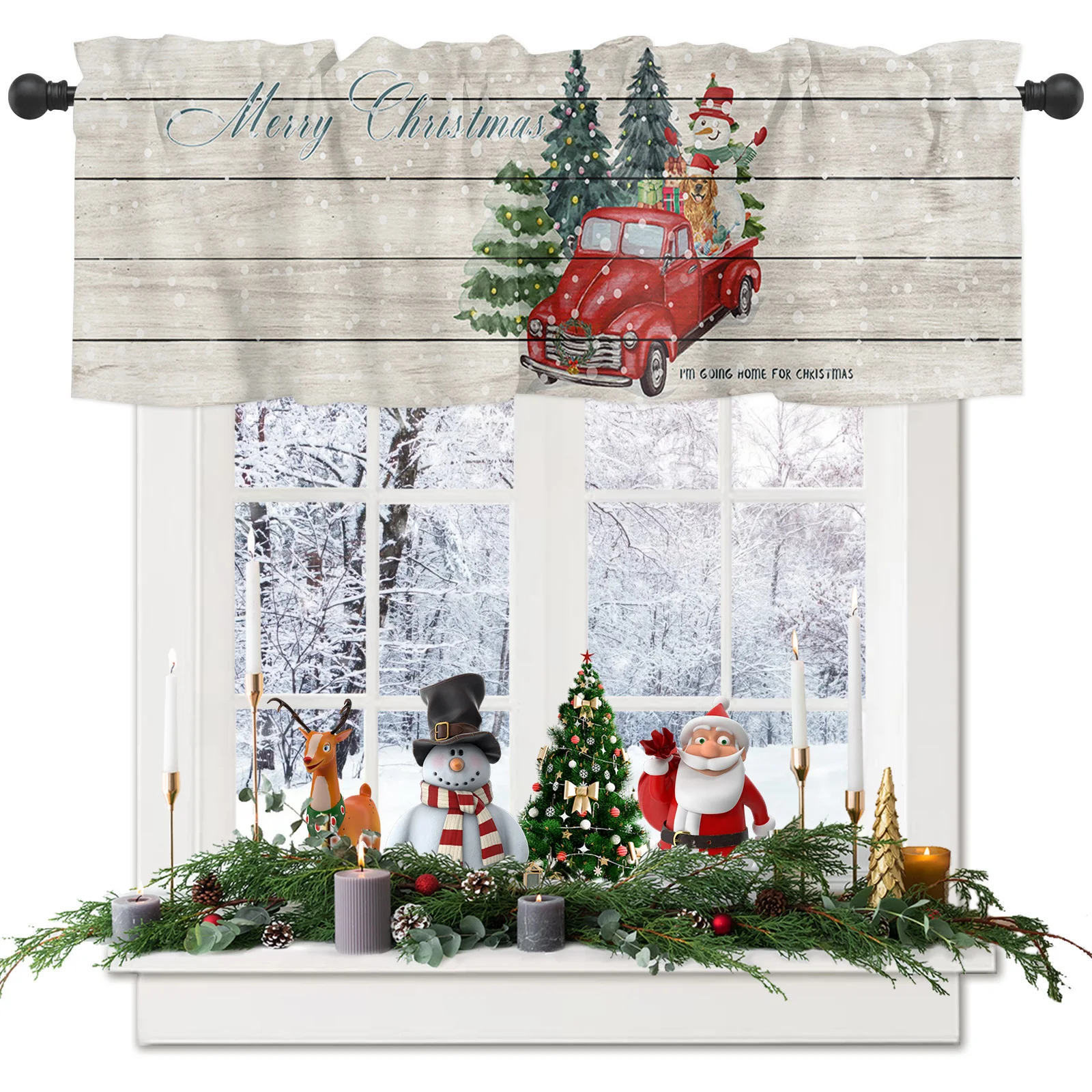 ZEDLIYU Valances for Windows Kitchen Living Room Small Window Valance Red Retro Truck Car with Snowflake Xmas Tree 1 Panel