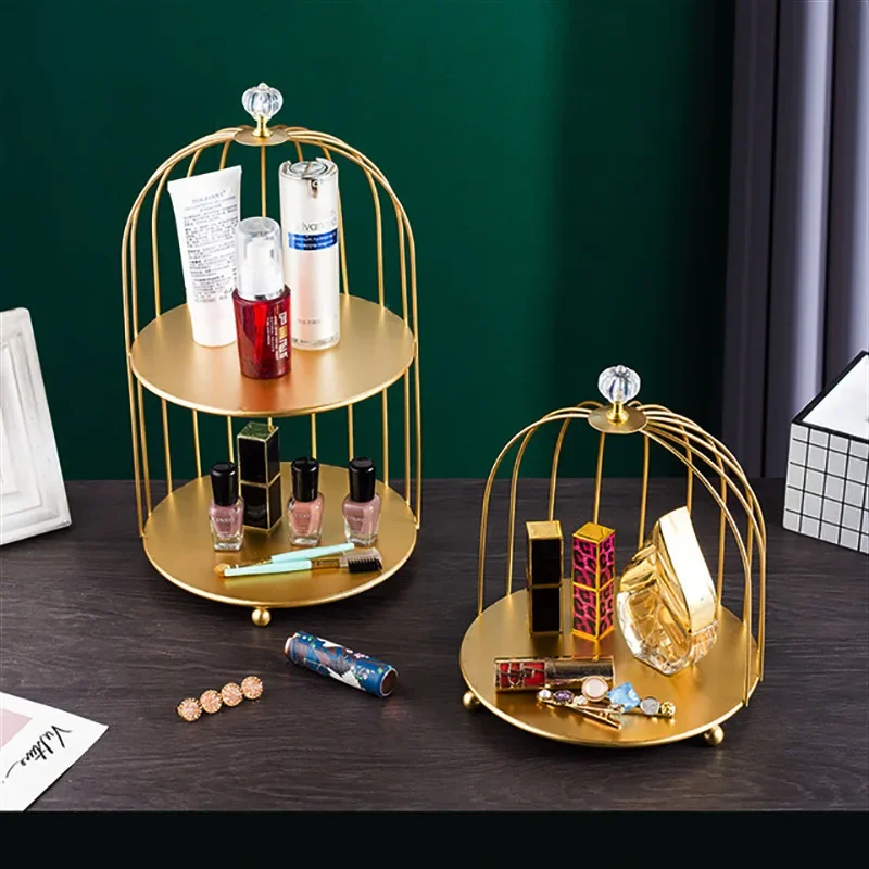 Gold Iron Bird Cage Desktop Storage Rack Cosmetics Shelf Skin Care Products Shelf Perfume Shelf Bathroom Kitchen Organizer