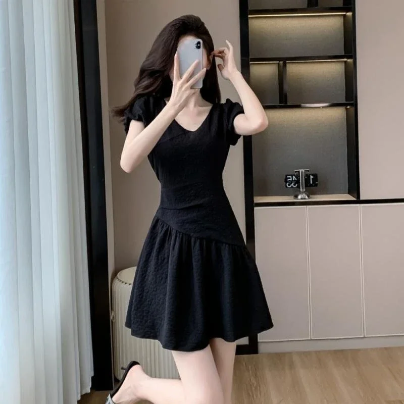 Vestido de mujer de manga corta con volantes vestidos lindos de hadas para mujeres Kawaii en ventas elástico elegante promoción novedades de oferta