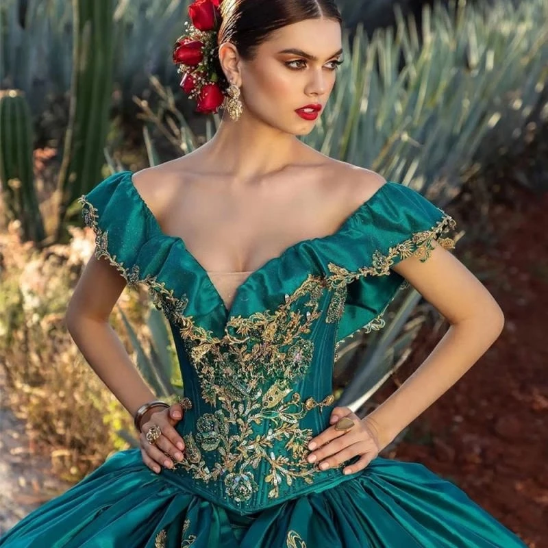 Green Mexican Quinceanera Dress 2023  Neck Beaded Applique Vestidos XV Años Sweet 16 Dress Robe De Soirée Girls Birthday Wear