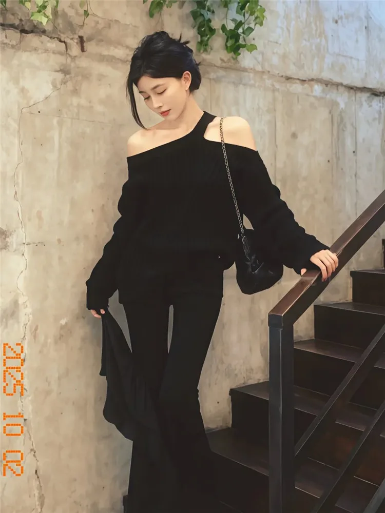 

Sexy Irregular Halter Off Shoulder Black Knitted Sweater Top Fall Fashion Chic Women Slash Neck Loose Casual Jumper Pullover