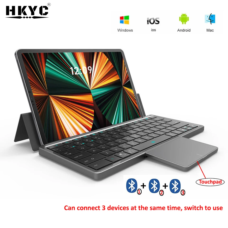 HKYC 3 Channels Portable Wireless Bluetooth 5.2 Tablet keyboard with Touchpad Foldable Case for Windows Android IOS ipad Phone