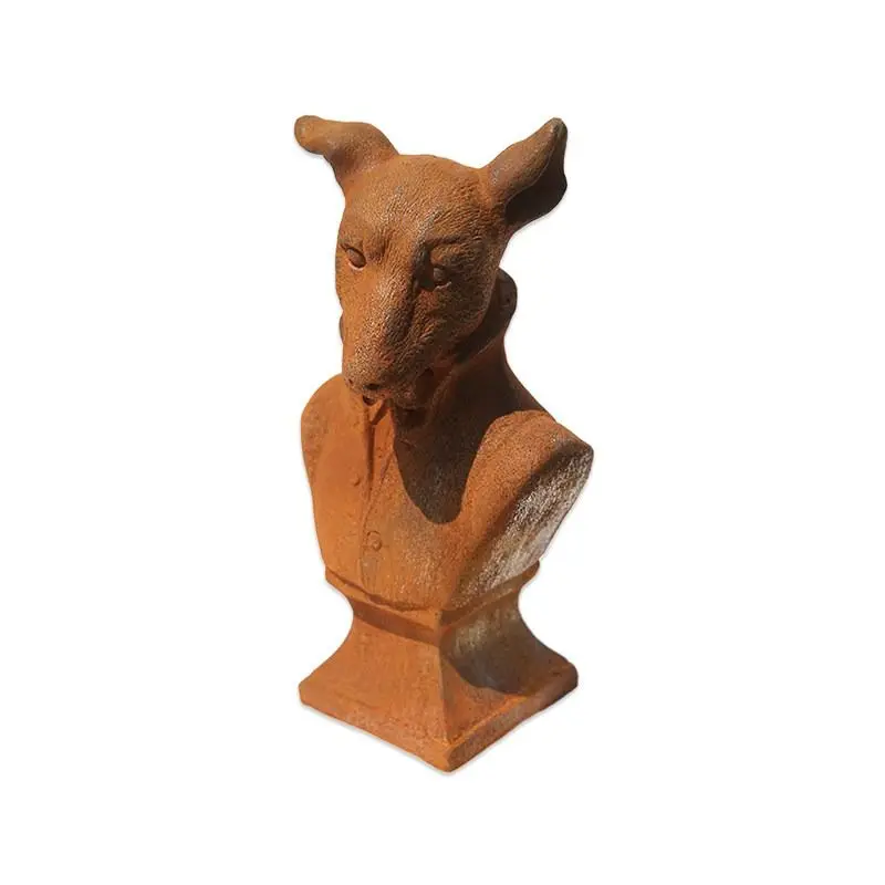 Cast Iron Victorian Gentleman Animal Bust, Rabbit & Dog Sculpture, Vintage Cottage Garden Decor, Rustic Shelf Ornament