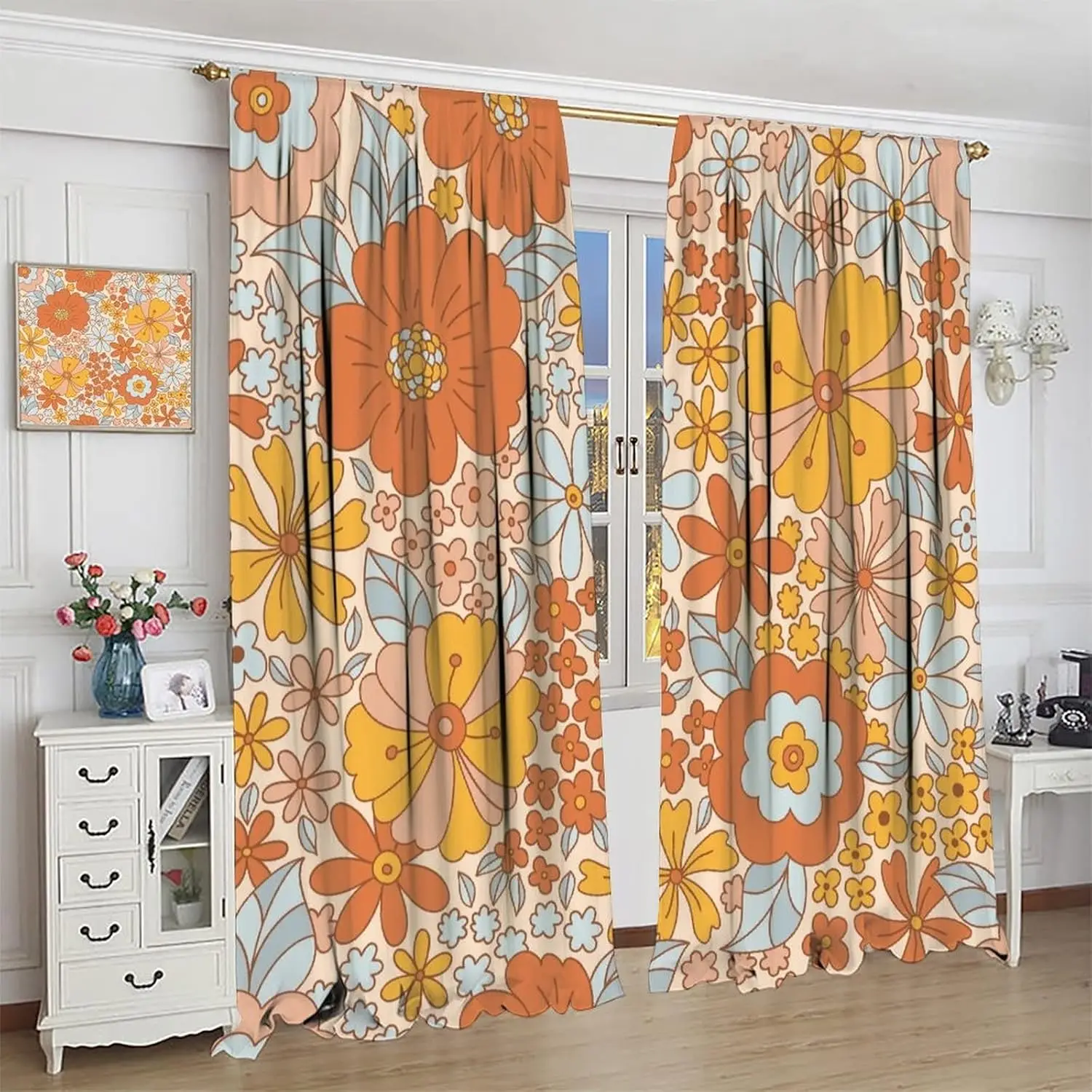 Retro 70s Floral Curtains Hippie Summer Groovy Power Flower Boho Funky Curtains Suitable for Home Bedroom Abstract Aesthetics