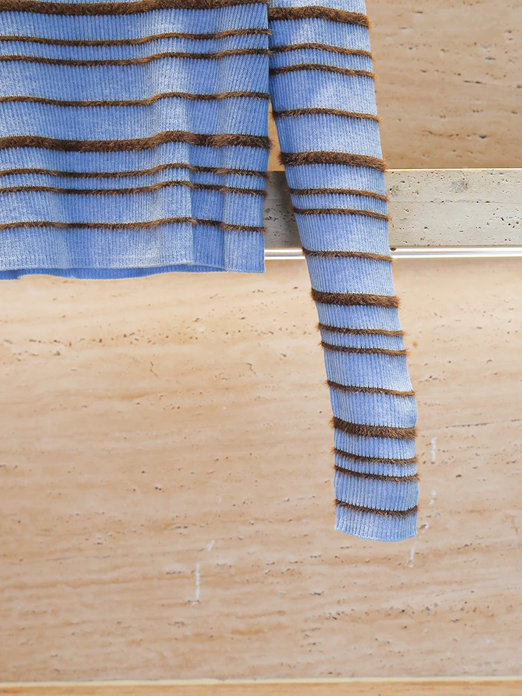 Doux Preppy Sle couleur Blo rayé coupe ajustée haut en tricot pour les femmes fibre de Polyester longue Sve ronde Ne ort longueur