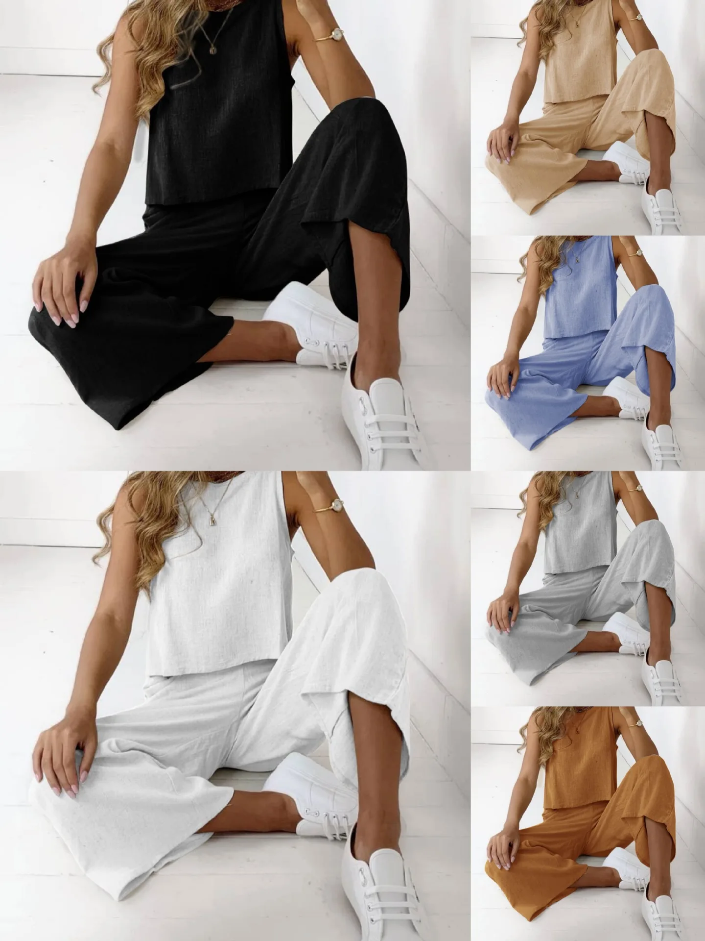 

Fashion Summer Women's Clothing New Cotton and Linen Casual Fashion Women's Top Set Two-piece Set Europe and America