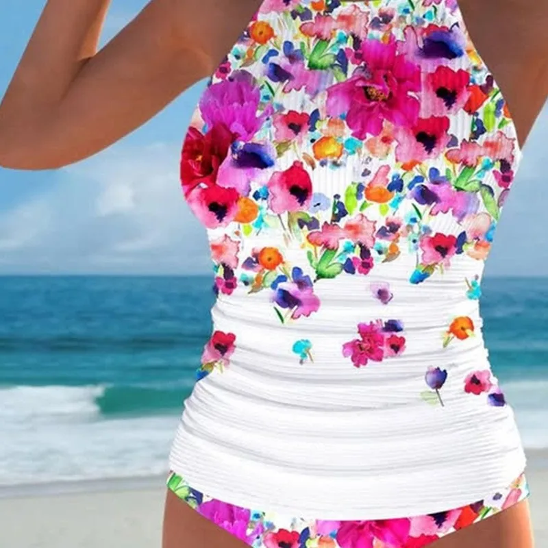 2025 Floral Printed Bikini Set Tummy Control High Waist Bottom & Triangle Vest Top Women's Sexy Swimwear for Beach & Pool Shirts