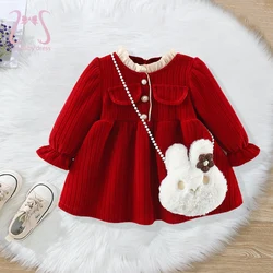 2Pcs/Set Winter Children Clothes New Year Chirstmas Baby Girl Thick Dress Delicate Toddler Costume Kid Costume + Cute Rabbit Bag