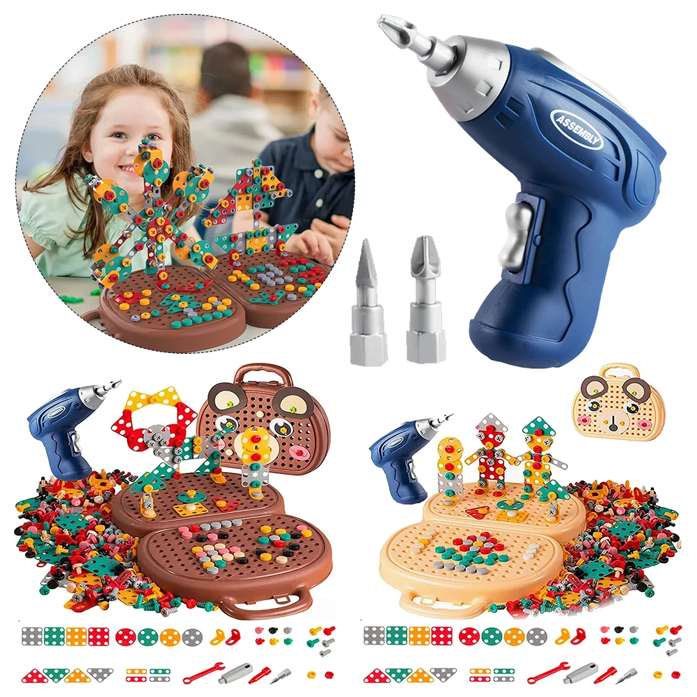 203 Piece Creative Mosaic Puzzle Toy Montessori Play Toolbox with Electric Drill Screw Tool Trendy Bits Screw STEM Toy for Kids