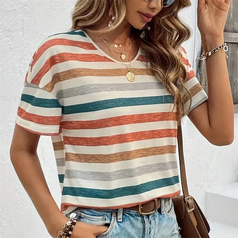 Fashion Color Blocking Stripe T-Shirt Women Korean Daily Comfortable Casual Tees Summer O Neck Pullover Short Sleeve Female Tops