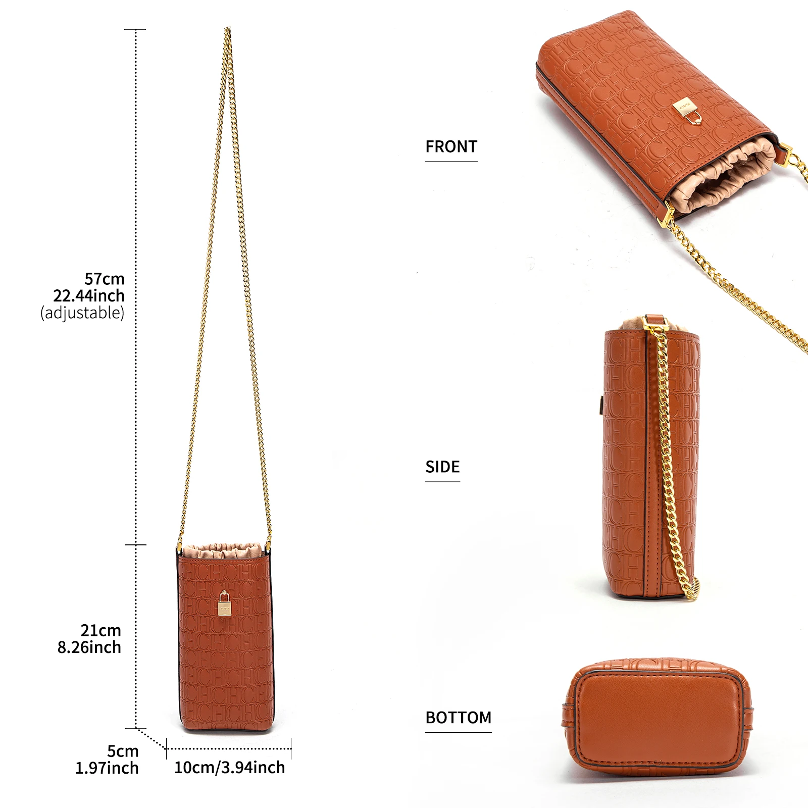 レザー ショルダー バッグエンボス モチーフヴィンテージ風のデザイン、ゴールド調のロック、テクスチャード チェーン、シックな機能的なディテール