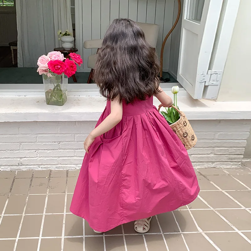 Girl Dress 2023 Summer  Sleeveless Princess Dress Cotton Casual Simple Solid Color Princess Sweet Sundress Girls