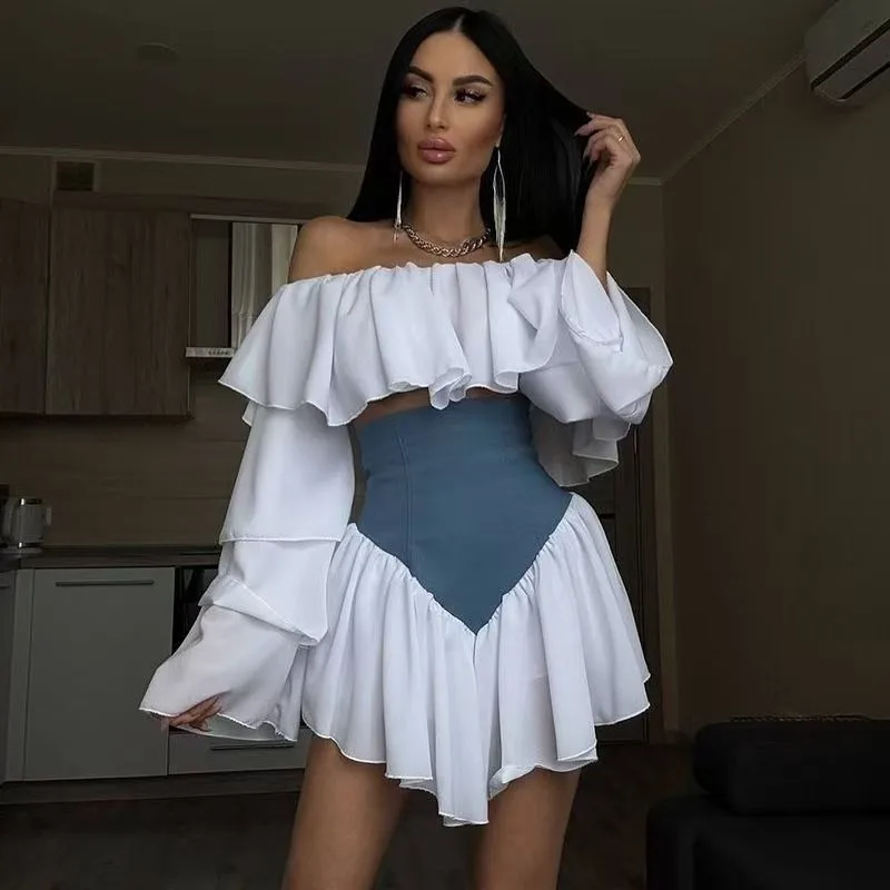 

American fashion waist blue stitching irregular flouncy women short skirt high street sexy personality skirt casual trend skirt