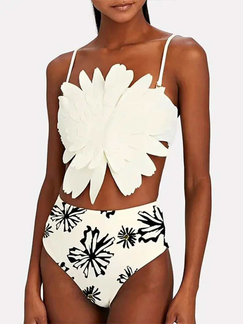 

Women s elegant 3D Flower Decorated swimsuit bikini with cover up solid color and digital print summer fashion beach wear