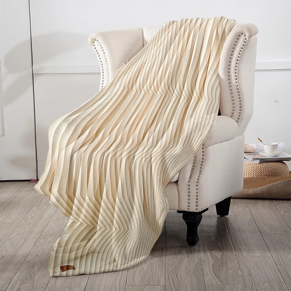 Cream Ribbed Knit Texture Flannel Blanket Warm Soft Halloween Christmas Decorative Couch Warm Cozy All-Season Gift