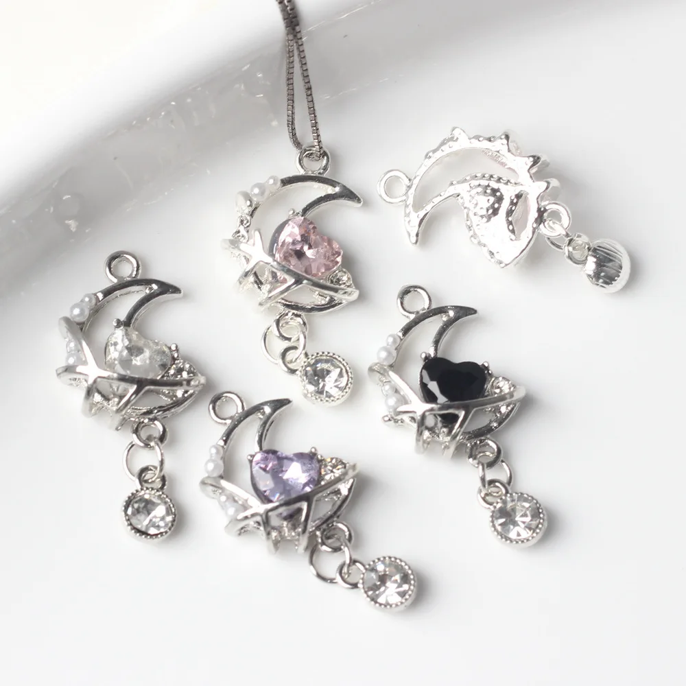 10Pcs/pack Simple Alloy Love Zircon Pearl Inlaid With Moon Pendant For DIY Handmade Necklaces Jewelry Making Accessories