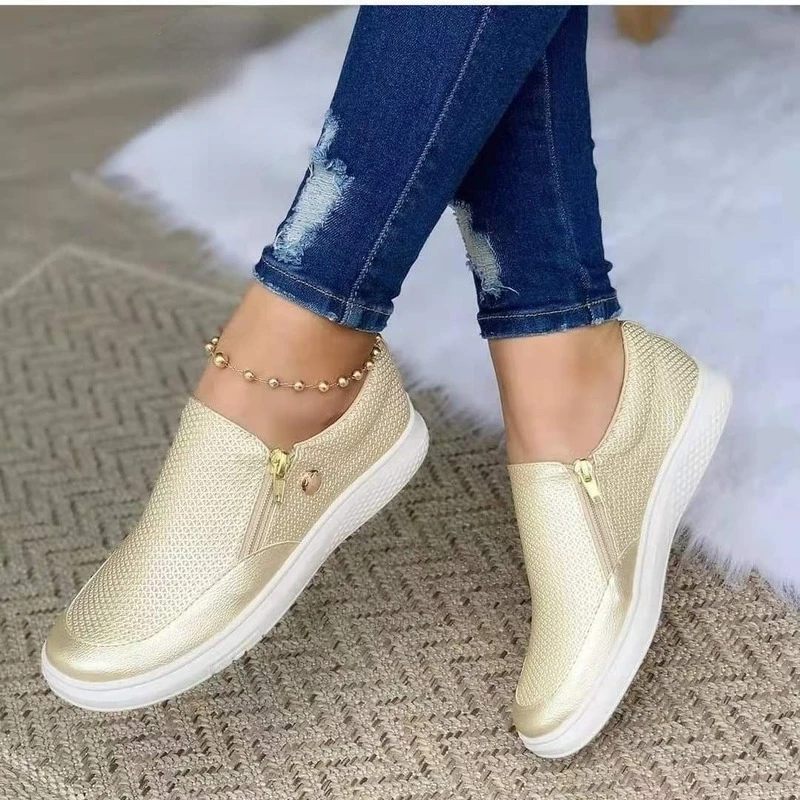 Women Shoes Everyday Loafers Flat LoafersZipper Embossed Leather Ladies Autumn Glitter Thick Sole Fashion Women Vulcanized Shoes