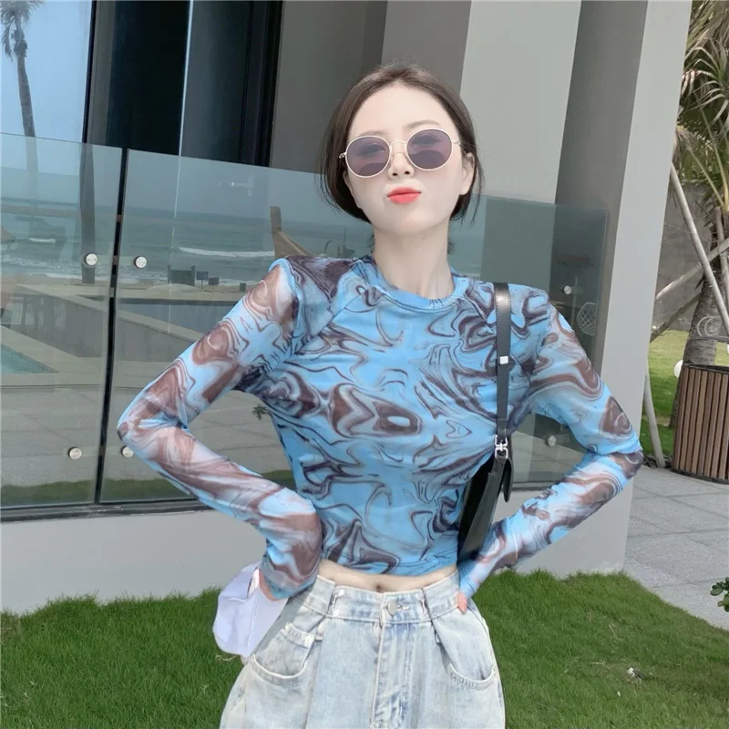 

Summer Thin Mesh Base Shirt Women's Short Sleeve Long Sleeve Tie Dye Underwear Top Korean Style round Neck Commute Fashion