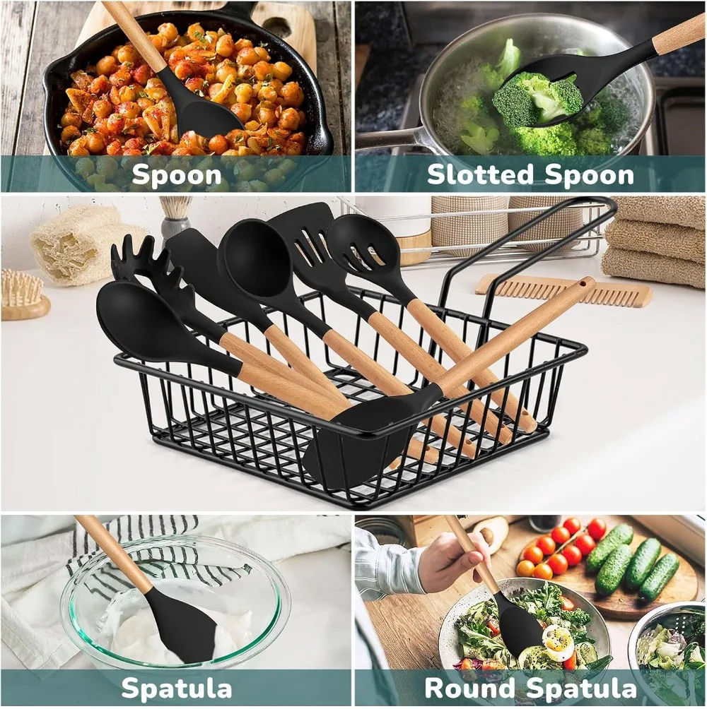 7-Piece Silicone Kitchen Utensils Set with Wooden Handles, Heatproof Cooking Tools for Turning, Mixing & Serving, Non-Stick Safe Black view 6