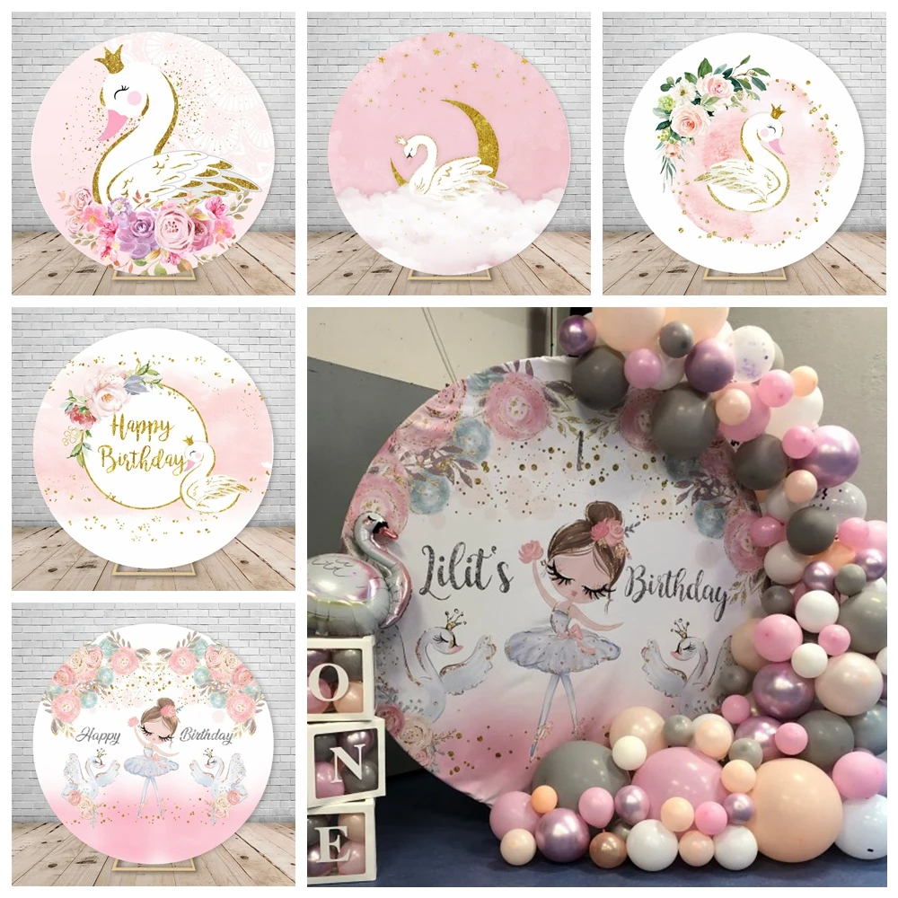 Round Photography Background White Swan Pink Gold Crown Girls Birthday Party Elastic Cover Round Decor Backdrop Photo Studio