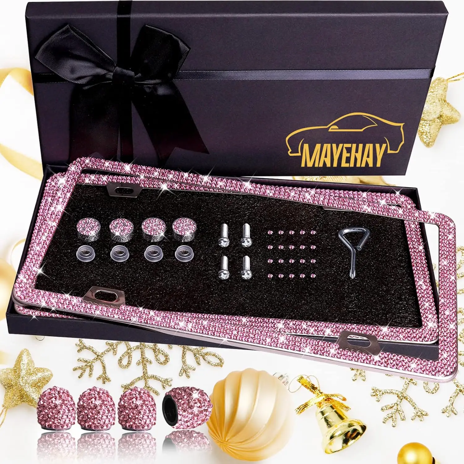 

Pink Sparkly License Plate Frame Set with Diamond Rhinestones and Gift Box for Women