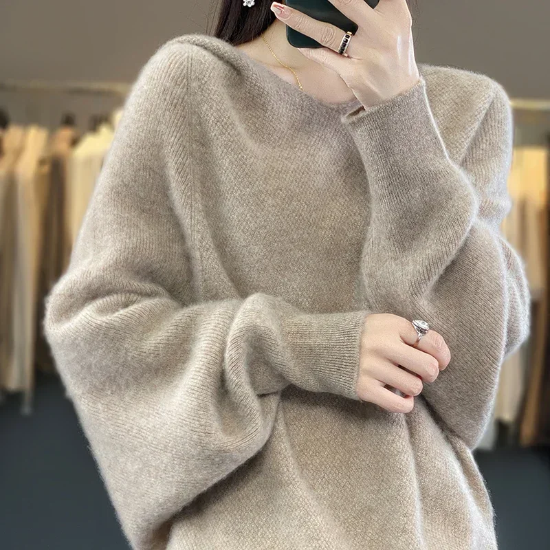 Autumn Winter New Women's 100% Wool Sweater Classic Fashion Female Solid Color Hooded Knitted Pullover Loose Soft Knit Jumper