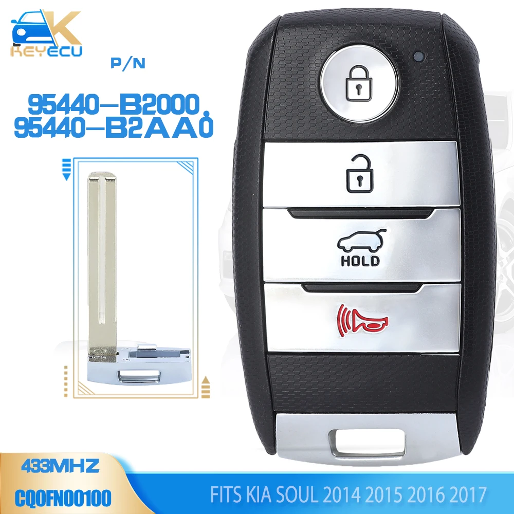 KEYECU Fob, Fob 433MHz 8A Chip tanpa kunci Go Smart Remote kunci Fob untuk Kia Soul 2014 2015 2016 2017