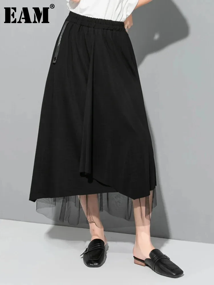 

[EAM] High Elastic Waist Black Mesh Asymmetric Long Casual Half-body Skirt Women Fashion Tide New Spring Autumn 2024 1DF5289