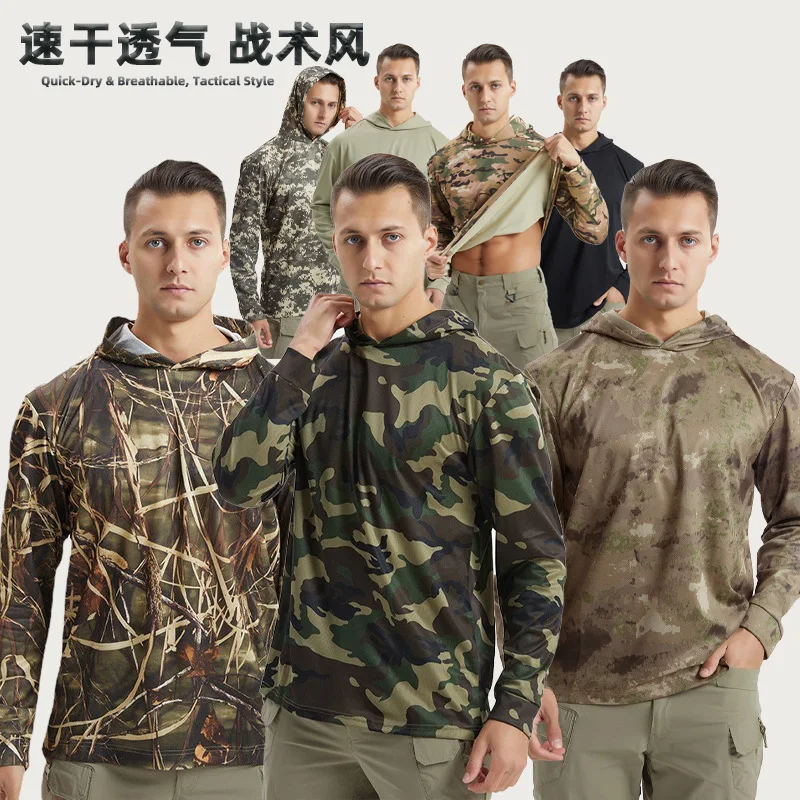 Camiseta Masculina de Secagem Rápida e Respirável com Capuz e Proteção Solar, Top Camuflado Fino para Esportes ao Ar Livre e Treinamento Físico