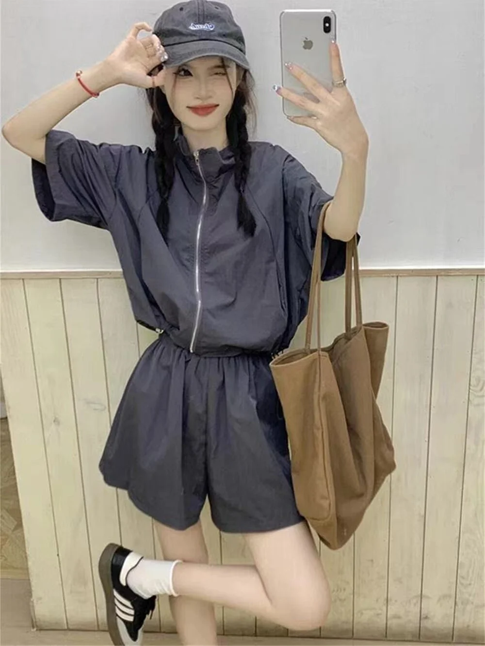 Summer Sport Style Short Sleeve Zipper Jacket And Wide Leg Shorts Set Cute Two Piece Loose Fit Outerwear for Small Stature