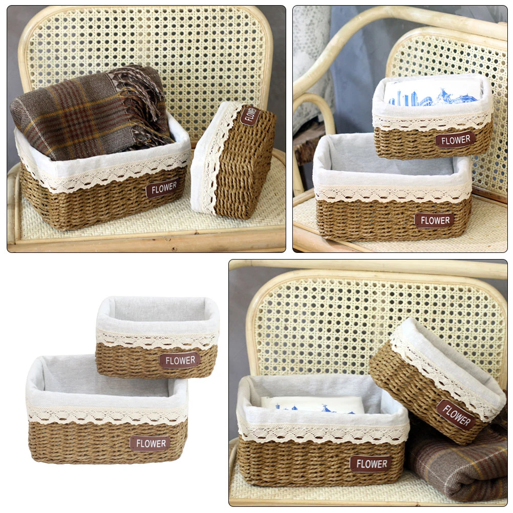 

2pcs Hand Woven Flower Storage Organizer Woven For Kitchen Pantry Home Decorative Household Storage Utility Basket Hemp Rope