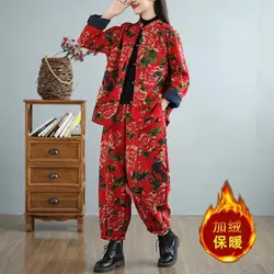 Ethnic Style Northeast Big Flower Cotton And Linen Jacket Women's Chinese Stand Collar Loose Buckle Plush Two-Piece Set a189