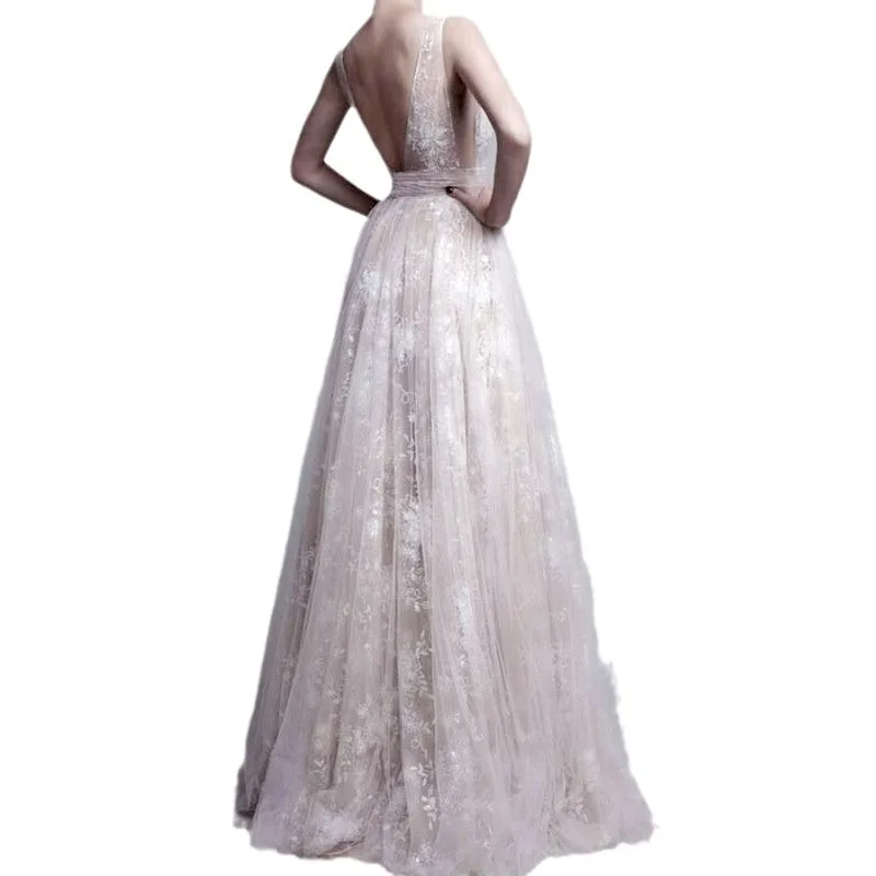 

2025 Summer New Women's Sexy Lace Deep V-Sleeveless Evening Dress