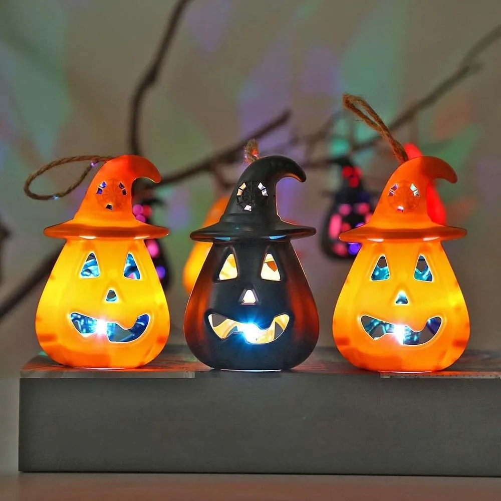 Cell Battery Operated Halloween Pumpkin Lantern Pure Orange Light Weight LED Night Light Secure Handle Flickering Light